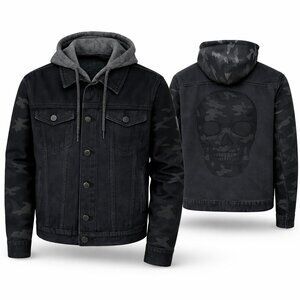 Black Denim Jacket Camo Sleeves Skull Back Hoodie Streetwear Medium Grunge Biker